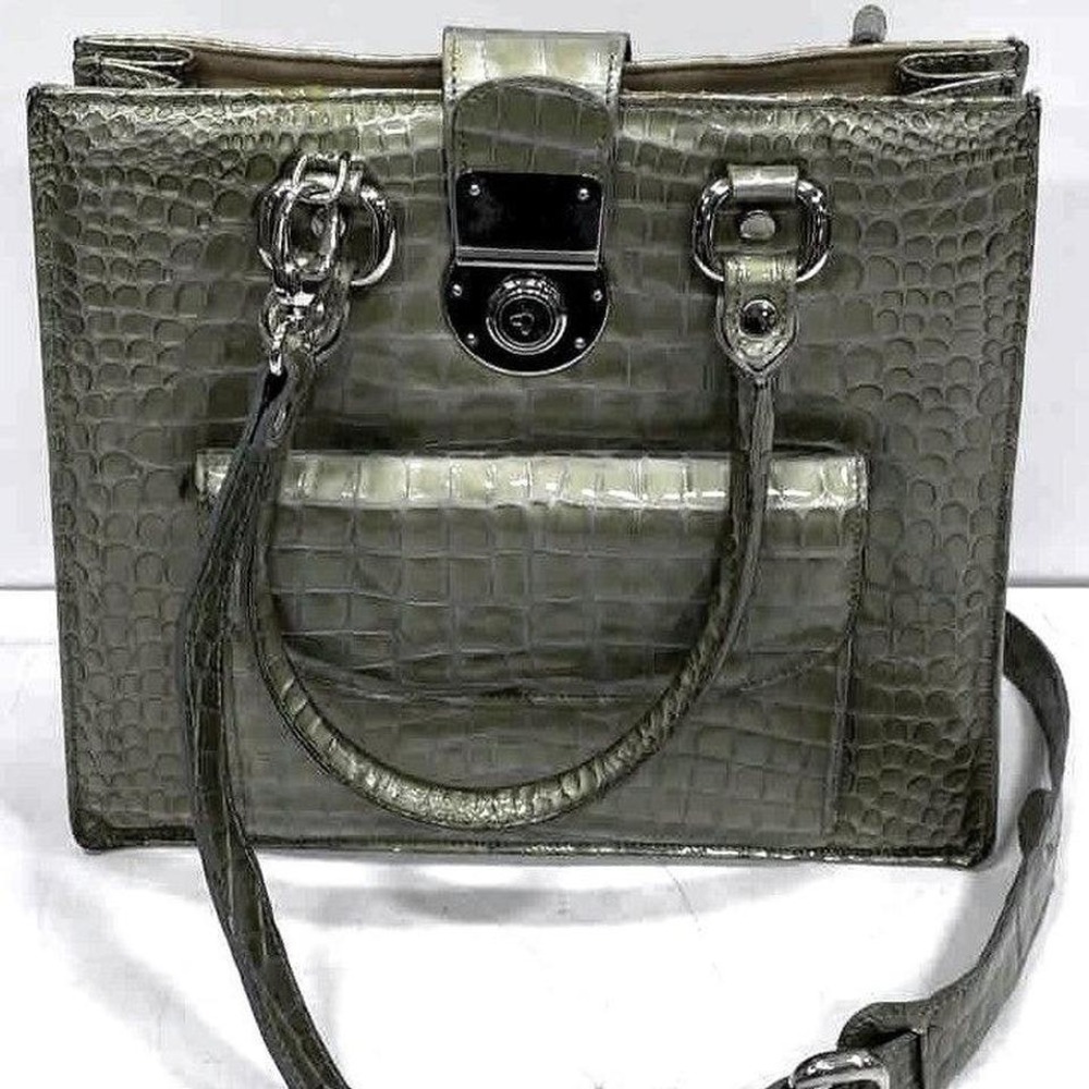 NEW Francesco Rogani Roma Crocodile Embossed Leather Sage Green Metallic Bag‎